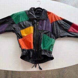 Vintage Leather Colorblock Bomber Jacket Pelle 80s